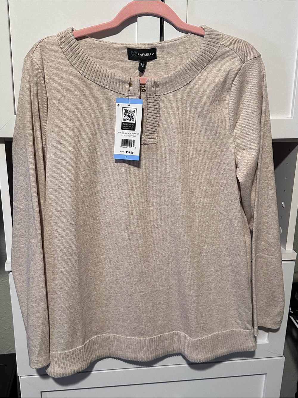 NWT Rafaella Oatmeal Heather Knit Gold Detail Top L